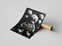 Rolled KAWS poster showing a figure with LV-patterned skin gripping a gold monogram bag on black