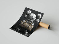 Close-up of a KAWS figure with LV monogram texture holding a gold designer bag beside a rolled poster tube