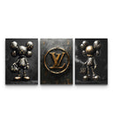 Three-panel KAWS LV Gold Vault poster set with gold LV monogram on dark charcoal background.