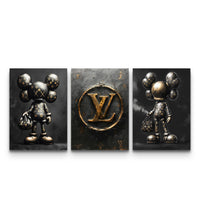 Three-panel KAWS LV gold vault poster set with gold monogram on dark charcoal background