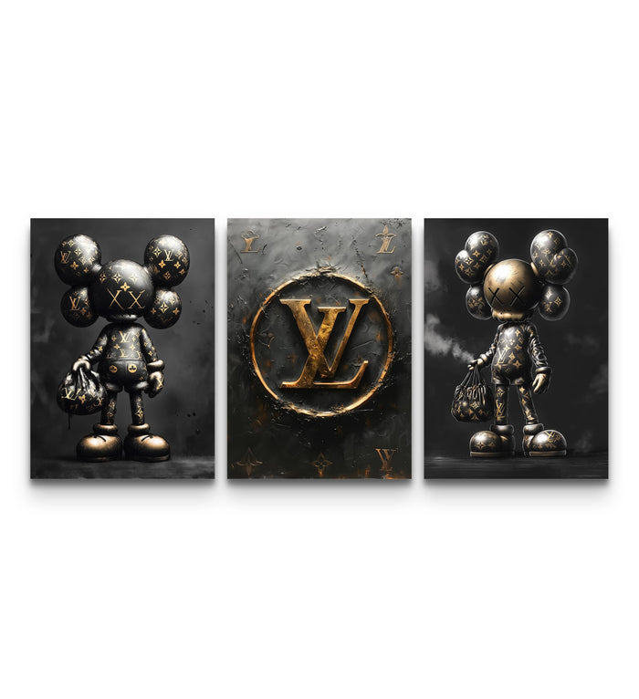 Three-panel KAWS LV gold vault poster set with gold monogram on dark charcoal background