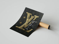 Luxury KAWS toy art print showing a bold black figure with embossed gold Louis Vuitton floral detail