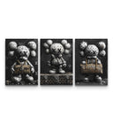 Three-panel KAWS LV Monochrome set with stone-textured figures holding gold LV bags on dark backgrounds