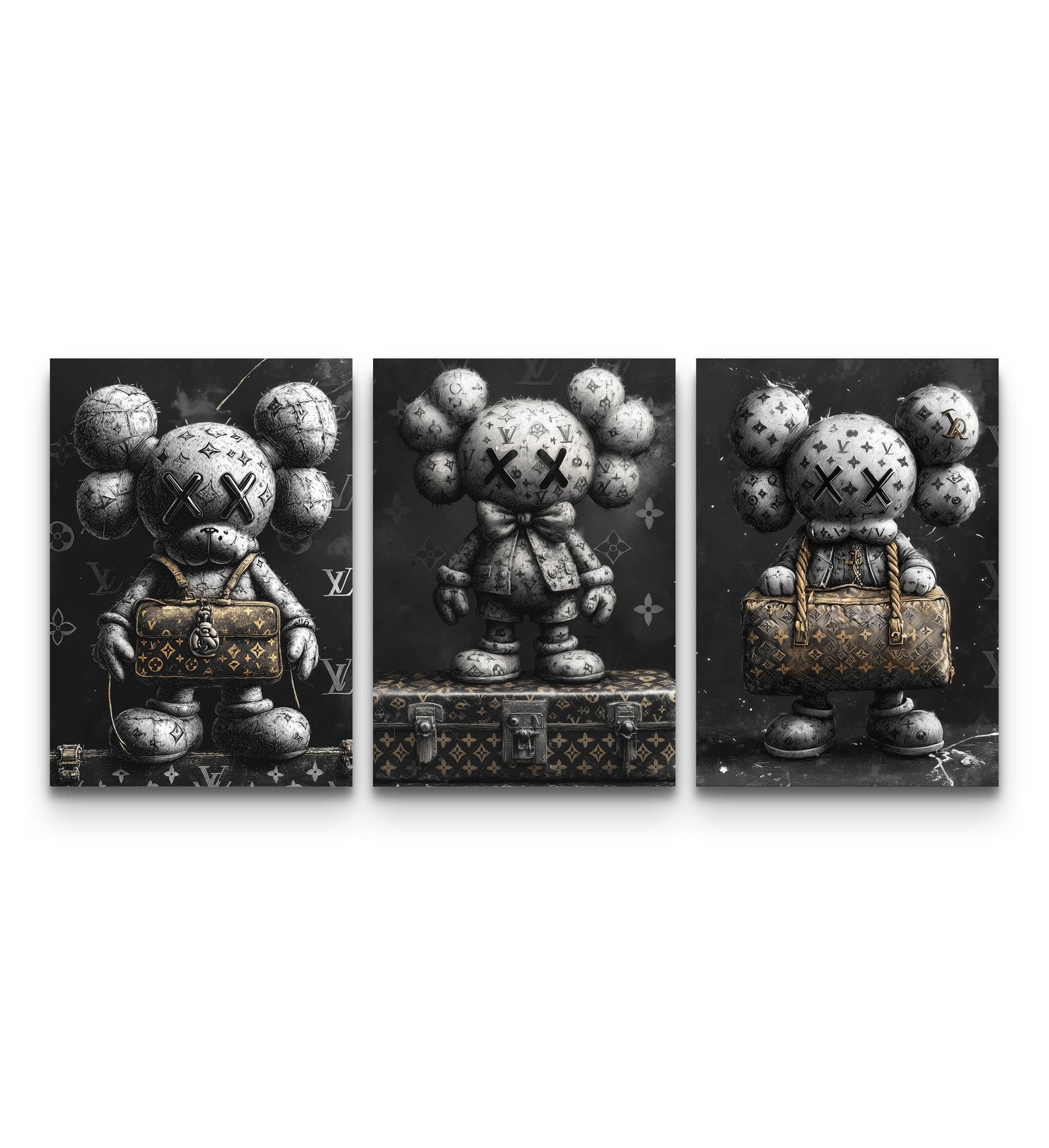 Three-panel KAWS LV monochrome set with stone-textured figures holding gold LV bags on dark backgrounds