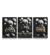Three-panel KAWS LV monochrome set with stone-textured figures holding gold LV bags on dark backgrounds