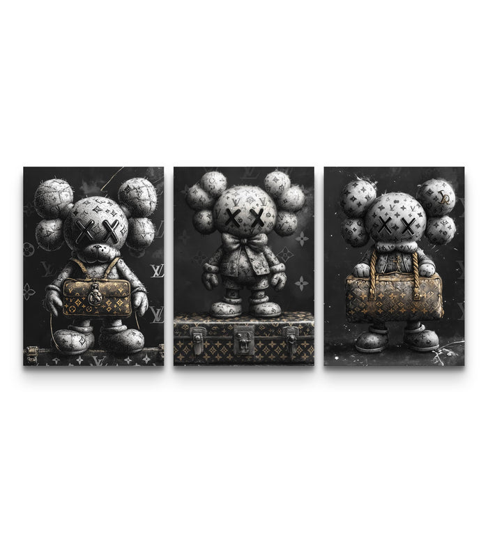 Three-panel KAWS LV monochrome set with stone-textured figures holding gold LV bags on dark backgrounds