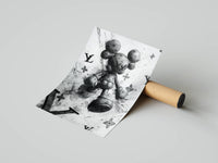 Black and white KAWS figure with splattered LV monogram forming a hypebeast triptych art print