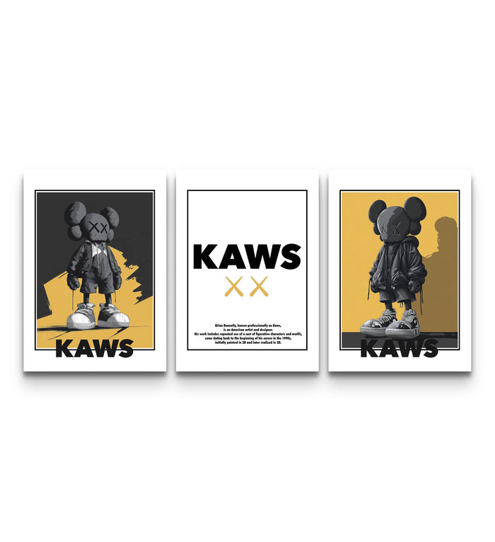 Three-panel KAWS Monogram Impact set in bold yellow with monochrome figures and a center biography panel
