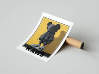 Yellow and grey KAWS Monogram Impact triptych arranged as a gallery wall with signature figures