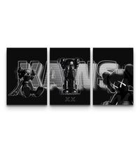 KAWS Monolith Shadow triptych poster set with three neon-outlined companions on a blackout backdrop