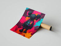 Black KAWS figure walking through dripping neon pink and cyan paint splashes in a rolled mockup