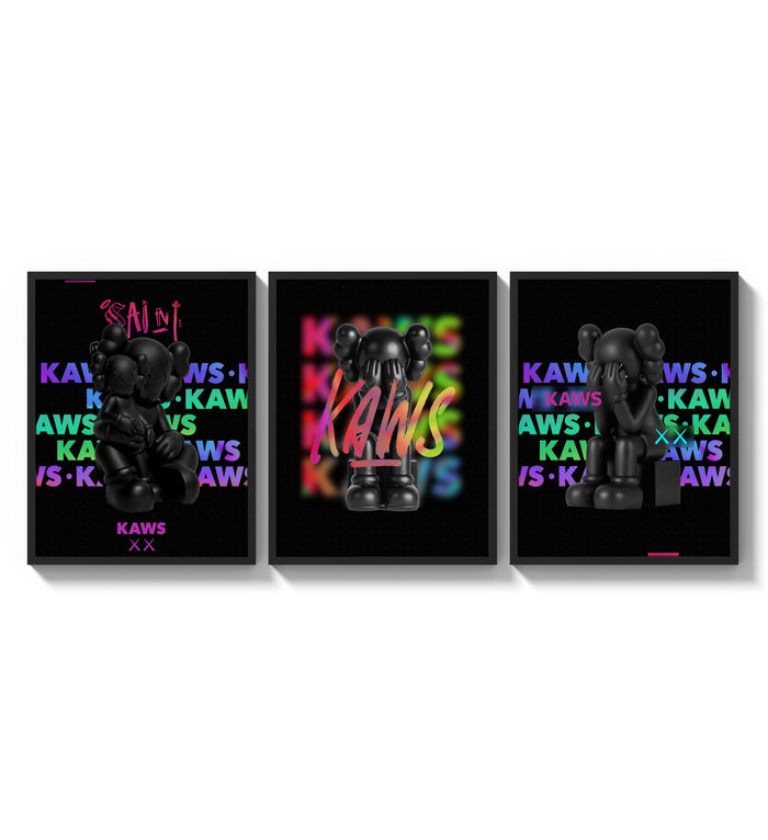 Black KAWS Companion figures triptych three-panel set arranged as a triptych on a bright gallery wall
