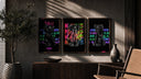 Black KAWS Companion figures triptych triptych in three walnut frames above a sideboard in a warm room