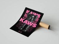 Crouching KAWS figure with hands over eyes set against neon pink XX graphics in a hypebeast triptych