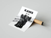 Hugging-pose KAWS figure with a Nike swoosh detail in minimalist black and white streetwear style