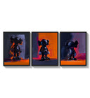KAWS Companion figures triptych three-panel set arranged as a triptych on a bright gallery wall