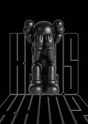 Black kaws figure with hands over his face on a black background with 'KAWS' branding.
