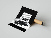 Reclining KAWS companion on a high-contrast split panel with stacked KAWS text and radiating white lines, rolled poster