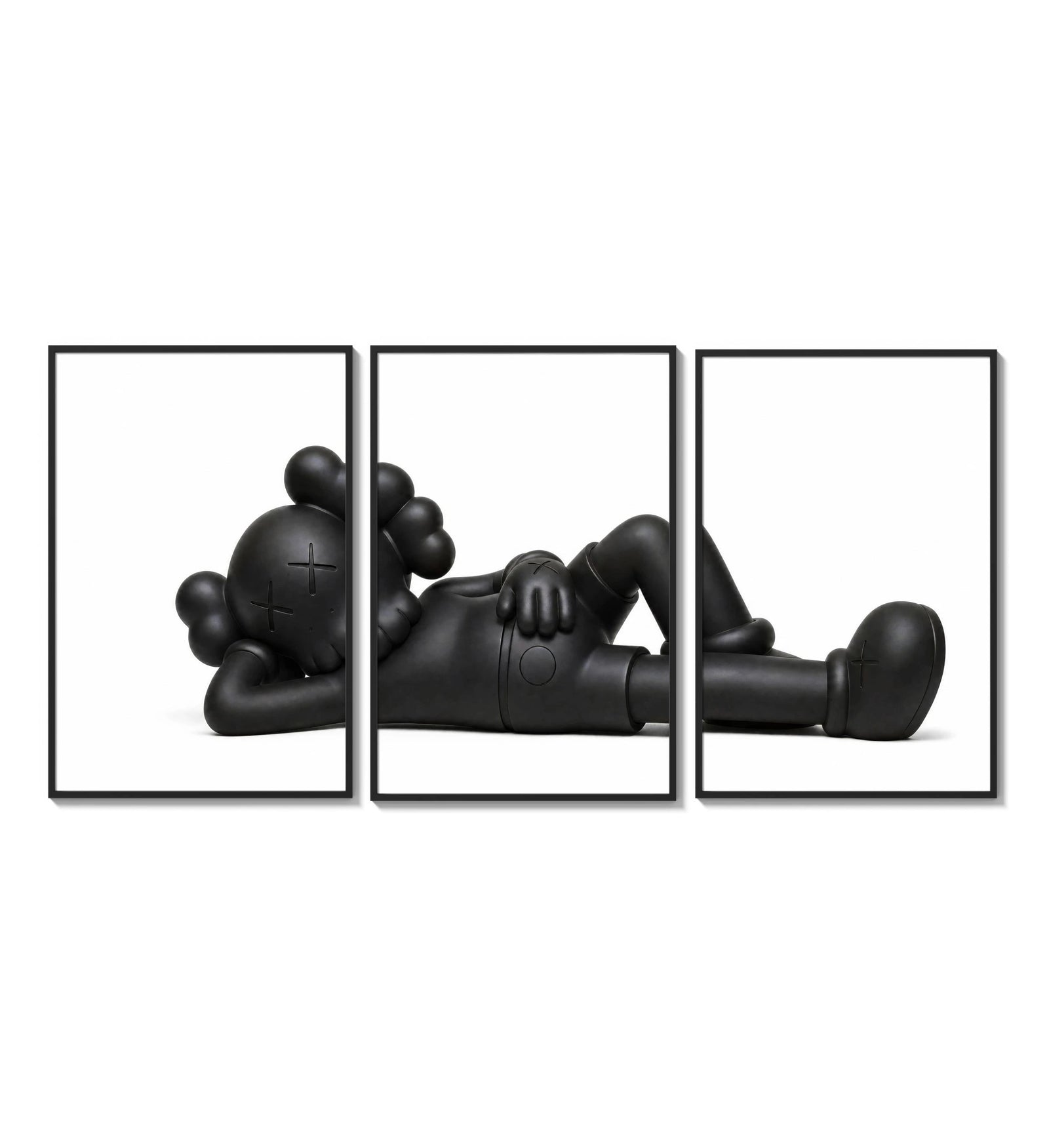 Black stylized cartoon character figures in reclined poses three-panel set arranged on a gallery wall