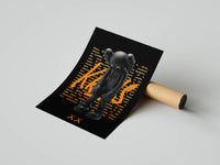 Seated KAWS figure overlaid with flowing orange biography text and orange script lettering on a dark black poster