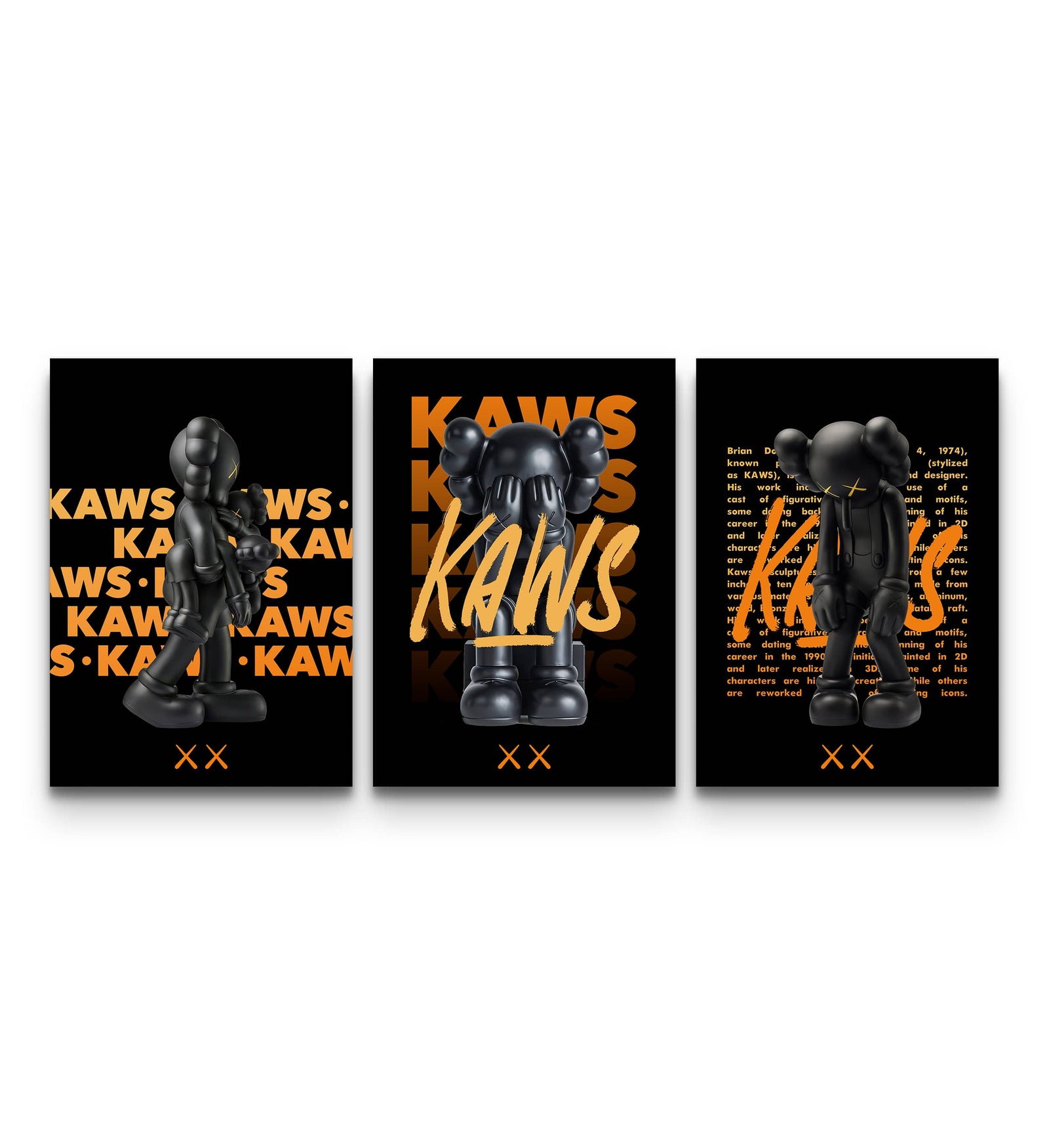 Three KAWS orange edition prints on black showing companion figures and bold orange KAWS typography