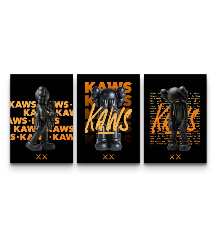 Three KAWS orange edition prints on black showing companion figures and bold orange KAWS typography