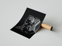 Sitting KAWS companion in black with bright neon outline detail on a blackout Hypebeast Vol. 40 panel