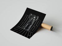 Standing KAWS companion outline figure with perspective KAWS text lines on solid black background as a rolled print