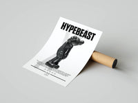 Standing KAWS Companion under a Hypebeast headline with biography text and XX branding on a white editorial poster