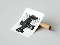 Black and white KAWS standing figure print with biography overlay partly unrolled from a cardboard shipping tube