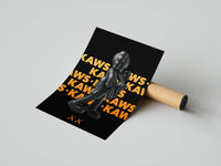Standing KAWS companion set against repeating orange KAWS text with an orange XX motif near the bottom on black