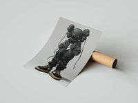 Black KAWS figure wearing Nike sneakers on a clean grey background shown as a rolled poster mockup