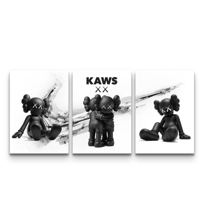 Three KAWS x Nike Blackout panels showing matte black figures and Nike swoosh marks on white