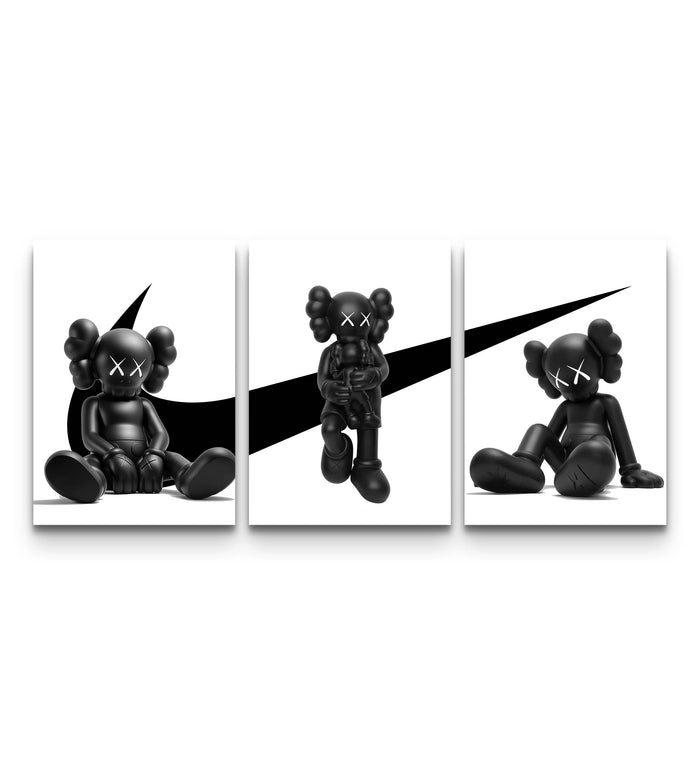 Three-panel KAWS x Nike monochrome poster set showing Companion figures and Swoosh marks in black and white