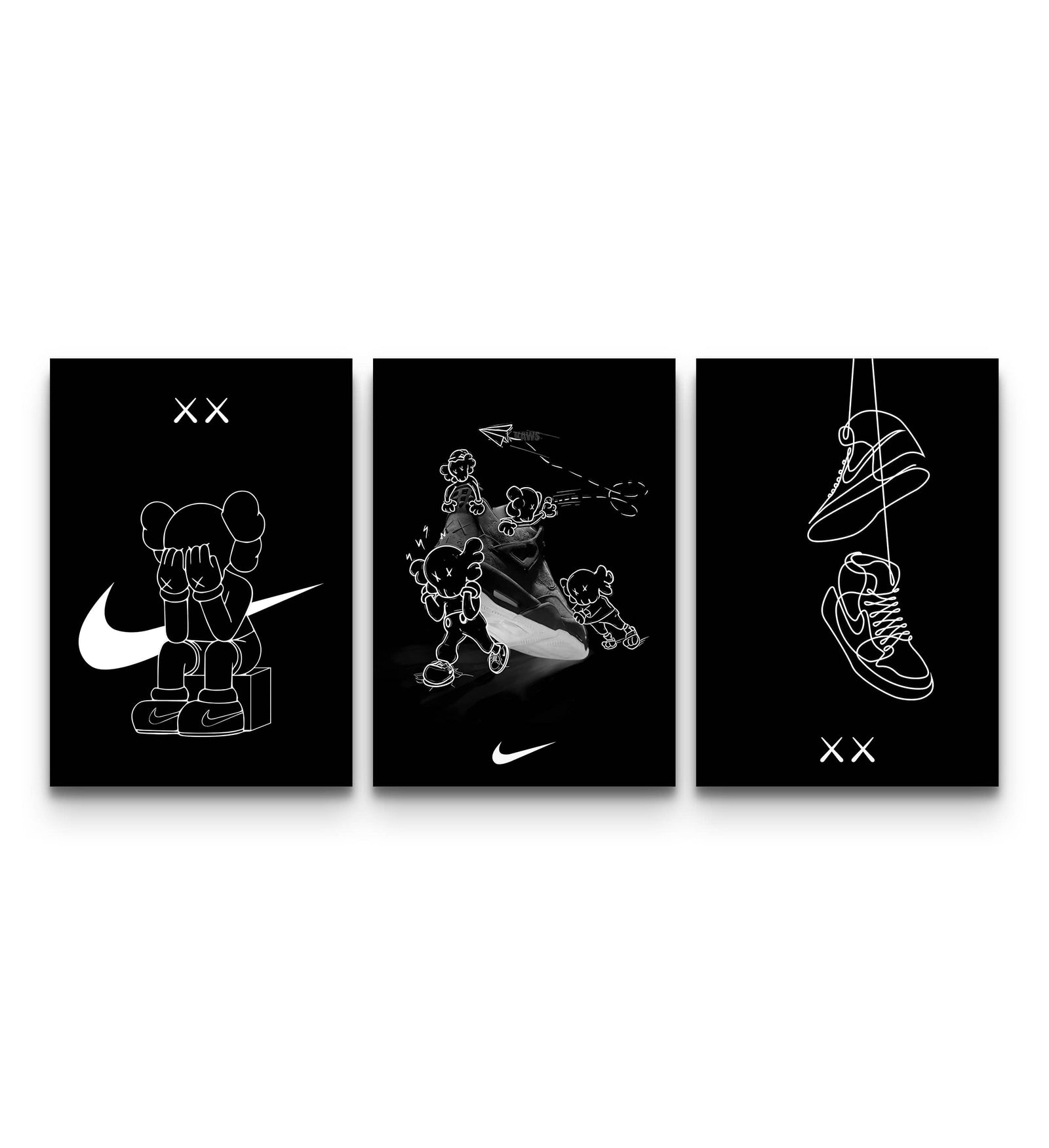 KAWS x Nike Retro Sketch triptych poster set arranged together with white line art prints on black backdrops