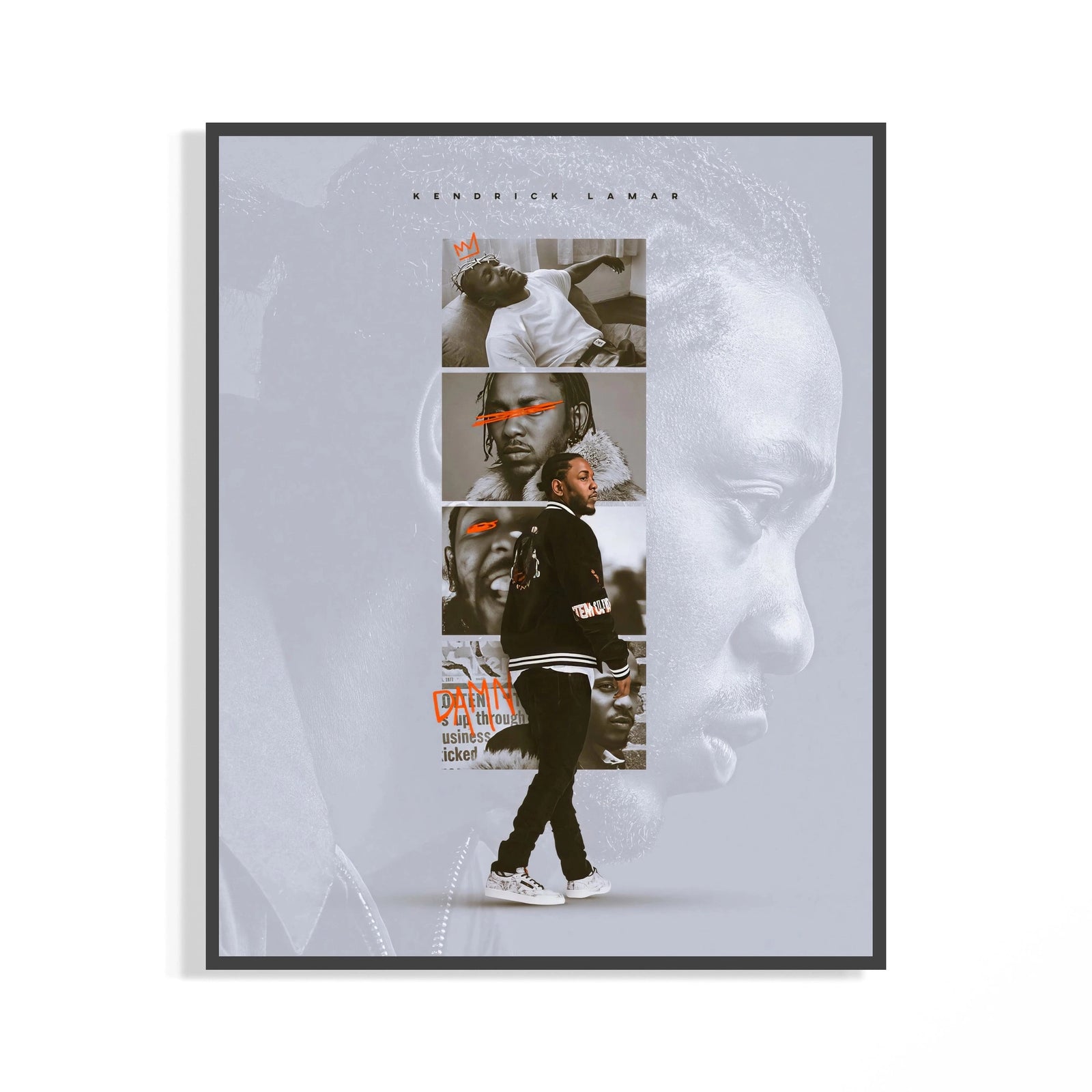 Framed Kendrick Lamar DAMN collage poster with multiple monochrome portraits and bold orange accent details