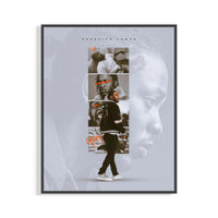 Framed Kendrick Lamar DAMN collage poster with multiple monochrome portraits and bold orange accent details