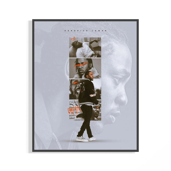 Framed Kendrick Lamar DAMN collage poster with multiple monochrome portraits and bold orange accent details