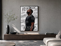 Man looking upward in profile poster framed above a wood console in a concrete-wall living room
