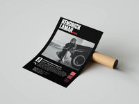 Kendrick Lamar portrait print with song titles and a colour palette strip shown as a rolled poster