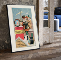 Santa Claus on snowy rooftop print in a black frame leaning beside a vintage door on parquet