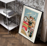 Santa Claus on snowy rooftop poster in a black frame leaning beside a shelf in a raw-plaster loft