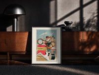 Black-framed Santa Claus on snowy rooftop print on a moody console with designer coffee-table books