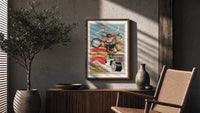 Santa Claus on snowy rooftop poster framed above a fluted sideboard beside an olive tree