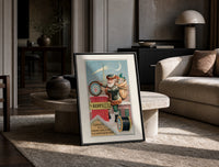 Santa Claus on snowy rooftop print in a black frame leaning on a travertine table in a sunlit lounge