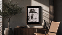 Kevin Durant basketball player portrait poster framed above a fluted sideboard beside an olive tree