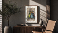 King of Cups tarot figure poster framed above a fluted sideboard beside an olive tree