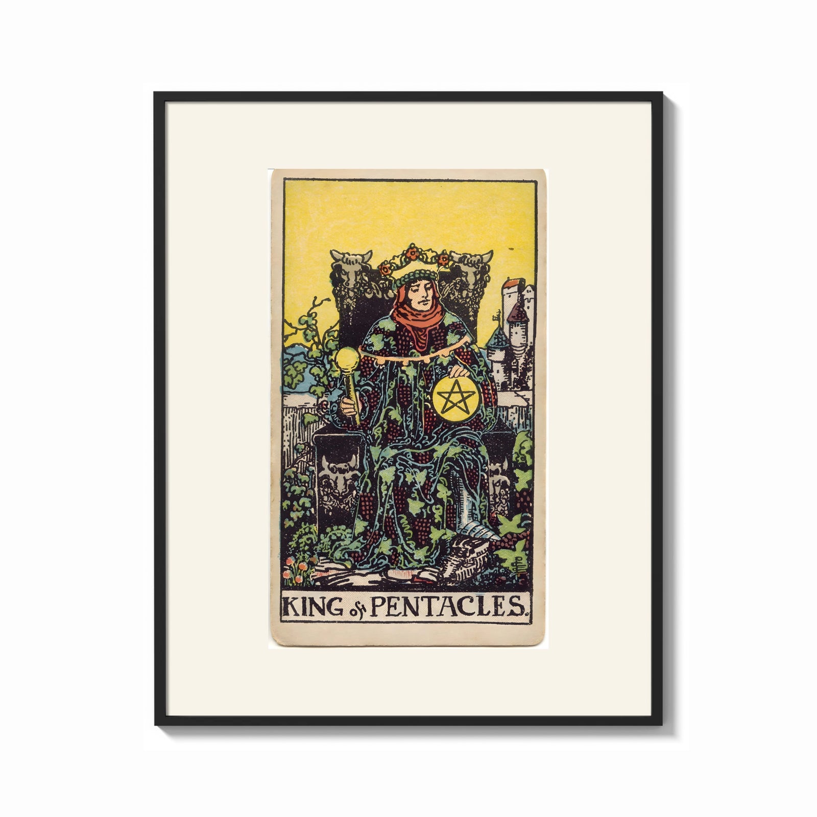 Framed King of Pentacles tarot figure print shown as a bold statement piece on a clean gallery wall