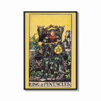 Framed King of Pentacles print shown as a bold statement piece on a clean gallery wall