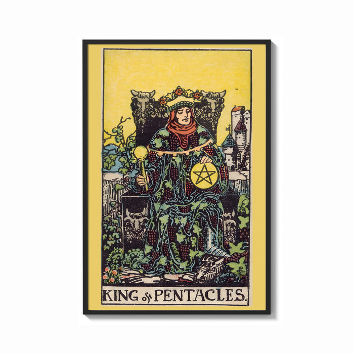 Framed King of Pentacles print shown as a bold statement piece on a clean gallery wall
